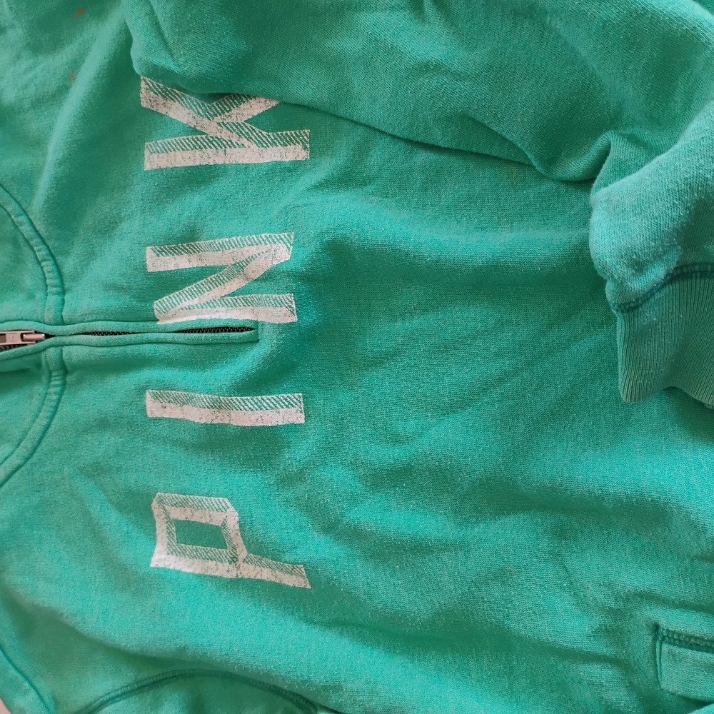 PINK Victoria's Secret Green Sweatshirt with Zipper and Bold Branding